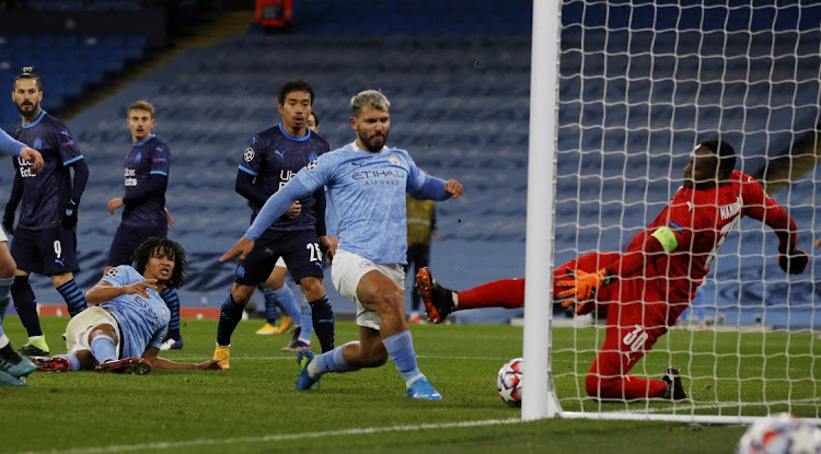 Manchester City's Sergio Aguero celebrates scoring their second goal.