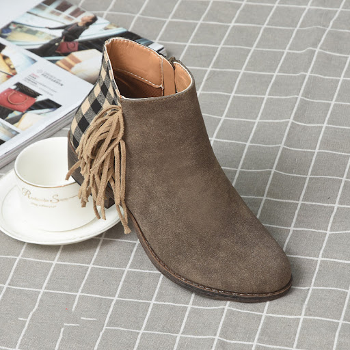 Title 5, Fringed plaid chunky heel ankle boots for women...