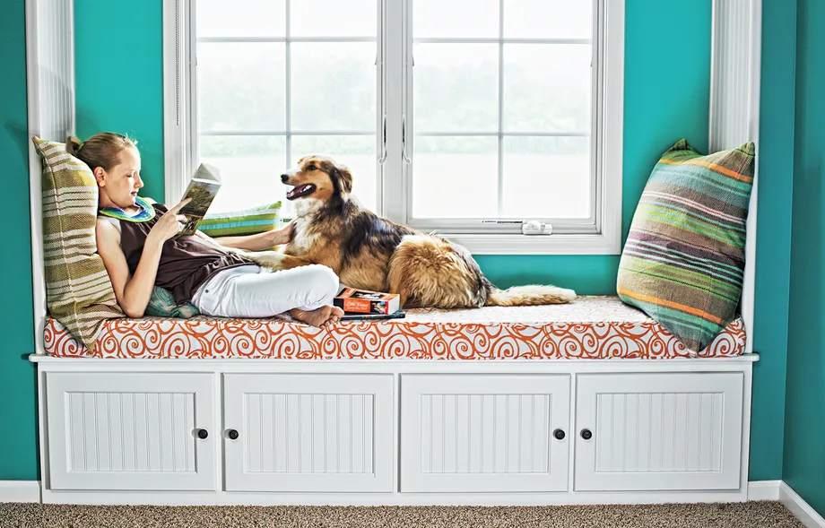 Girl reading book with dog on storage bench as design idea for castle windows. 