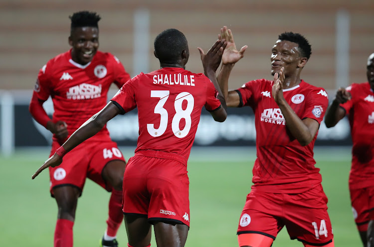 Namibian striker Peter Shalulile celebrates with teammates after scorning his eighth Absa Premiership goal of the season.