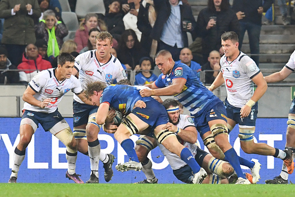 Evan Roos of the Stormers drives forward to score a try during the United Rugby Championship (URC) final against the Bulls at Cape Town Stadium.