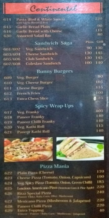 Ritzz Continental Corner menu 