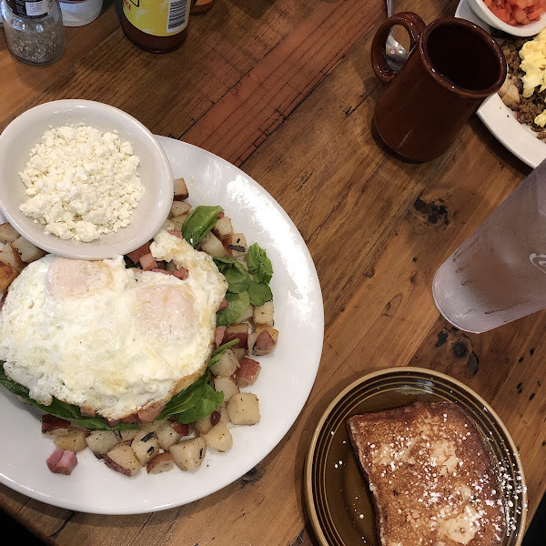 Parisian hash: goat cheese, spinach, and ham. Added a slice of GF french toast; best GF french toast I’ve ever had!