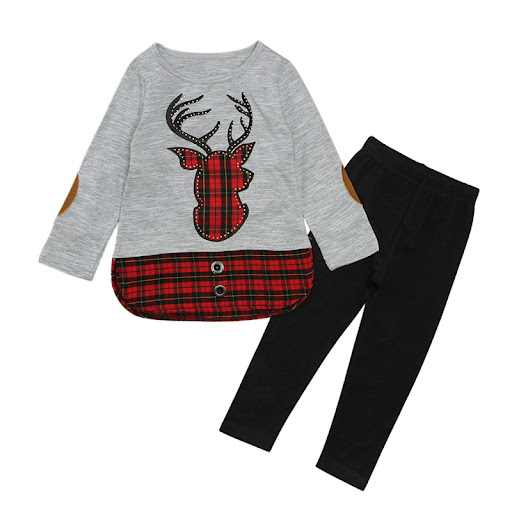 Title 6, Girls Elk Pattern Red Plaid Top Trousers Two-Pi...