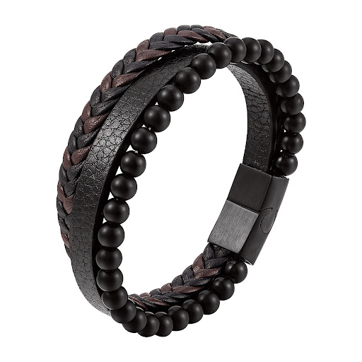 Title 3, Natural Lava Stone Bracelet Stainless Steel Lea...