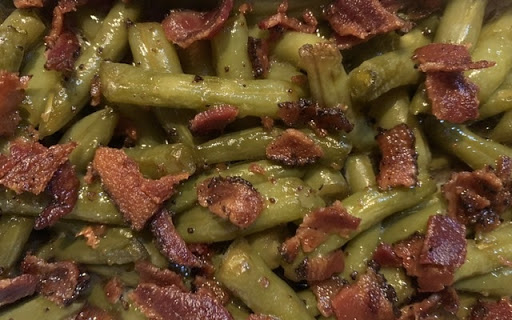 Beans and bacon fresh from oven