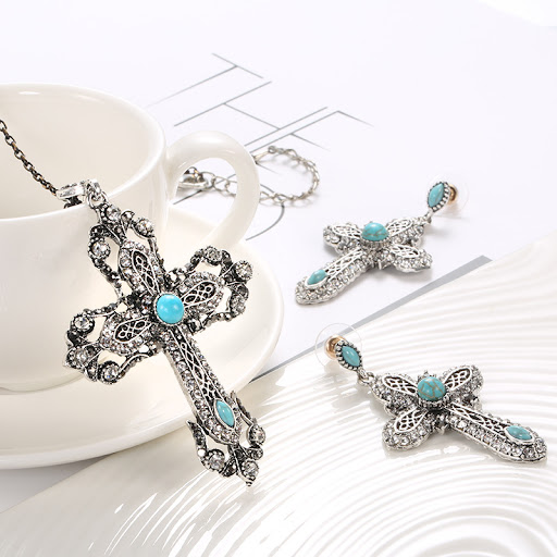 Title 3, Retro Turquoise Jewelry Set Necklace Earrings A...