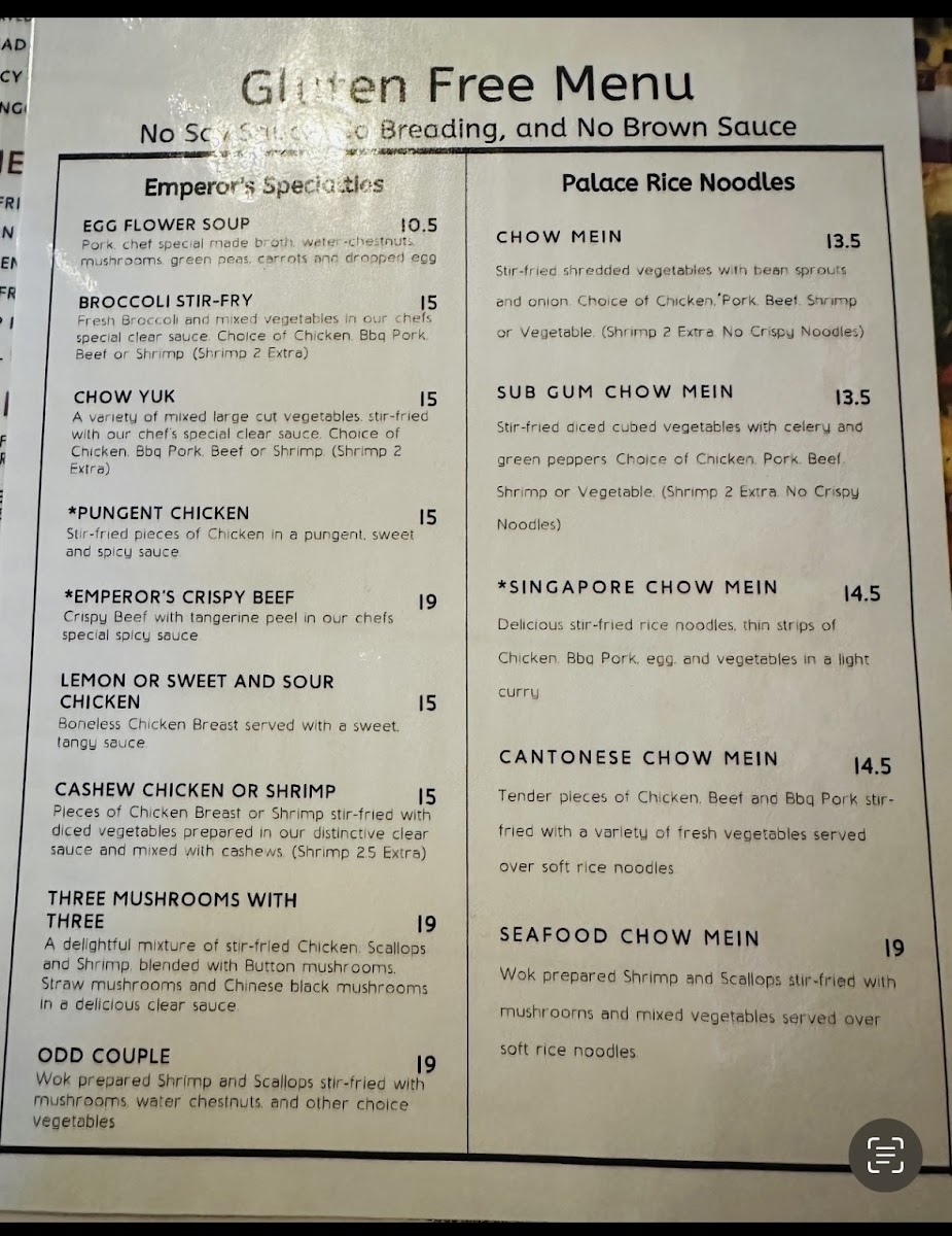 Emperor's Palace gluten-free menu