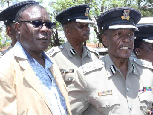 Nyanza regional coordinator Wilson Njenga and regional police commander Willy Lugusa in Kisumu on March 1 /FAITH MATETE