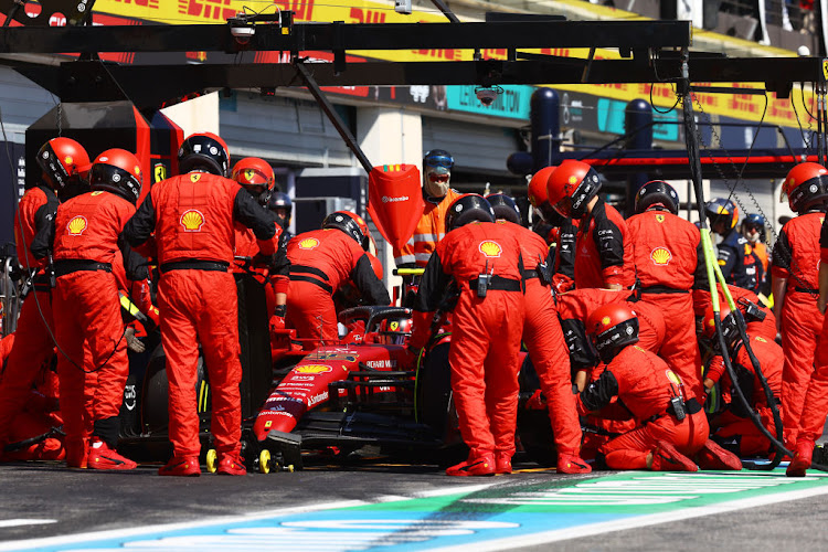 Carlos Sainz makes a late pitstop during the closing stages of the F1 Grand Prix of France at Circuit Paul Ricard on July 24 2022 in Le Castellet.