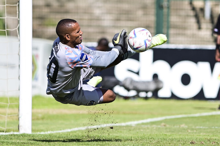 Ricardo Goss of Supersport United F.C blocks the penalty shot during the DStv Premiership match between Golden Arrows and SuperSport United at Princess Magogo Stadium on January 07, 2023 in Durban.