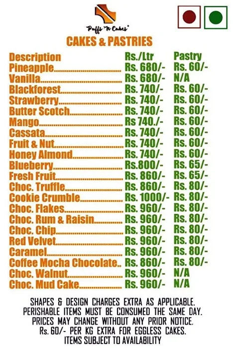 Puffs 'n' Cakes menu 