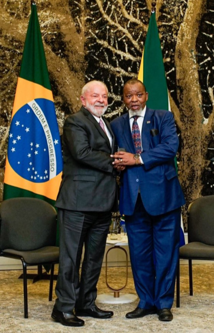 Brazilian President Lula da Silva and ANC national chairperson Gwede Mantashe at the ANC/Workers' Party meeting on the sidelines of the 15th Brics Summit in Sandton.