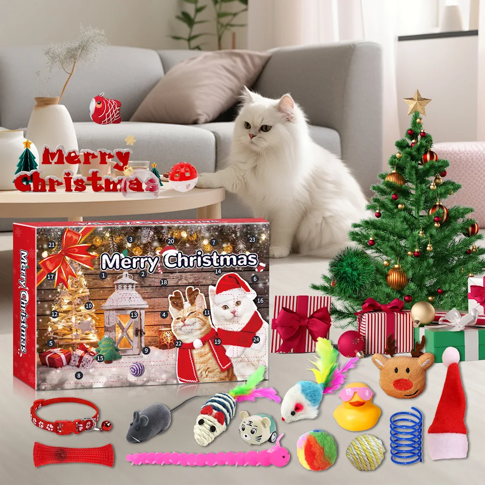 Calendário do Advento Natal Gatos 24 Grades Contagem Regressiva Brinquedos Caixa Cega Diversão Diária para Felinos