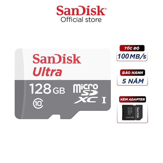 Thẻ Nhớ Micro Sdxc Sandisk 128Gb Upto 100Mb/S 533X Ultra Uhs - I + Adapter