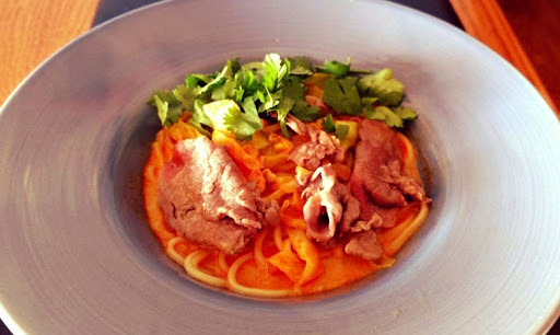 Red Curry Noodle Bowl with Steak and Cabbage