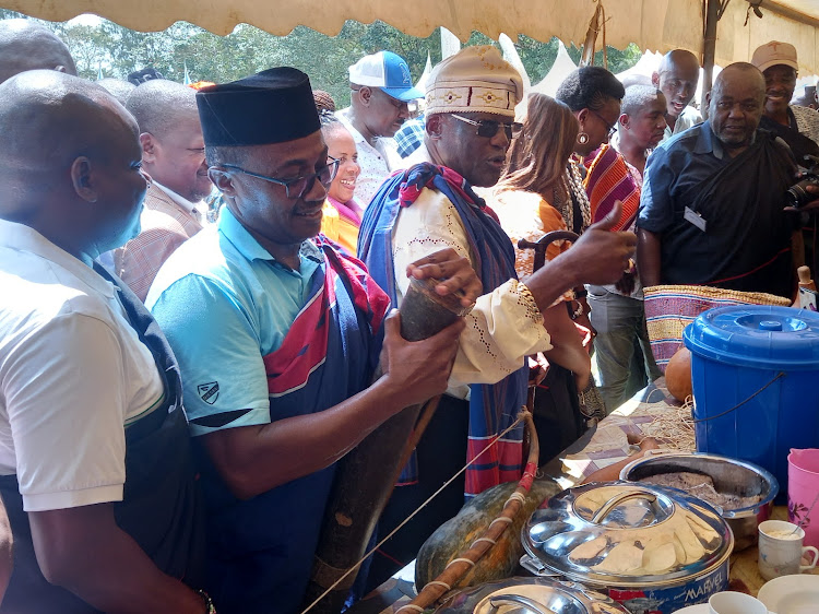 County Tourism Executive Michael Mutua and Commissioner of Parliamentary Service Commission Johnson Muthama among other leaders go through exhibitions during the Akamna Annual Festival at Shimba Hills in Kwale County on Thursday, December 7, 2023.