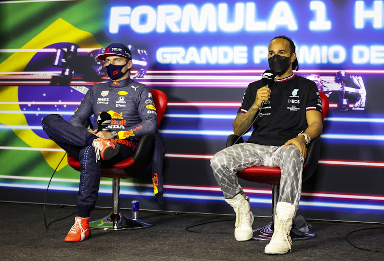 Max Verstappen of Red Bull Racing Honda and Lewis Hamilton of Mercedes during the press conference during the Mexican F1 Grand Prix, Sao Paulo on November 14, 2021