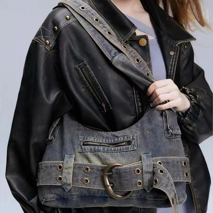 Damska torba na ramię z pranej tkaniny denim, retro, duża pojemność, idealna na codzienne wyjścia i podróże.