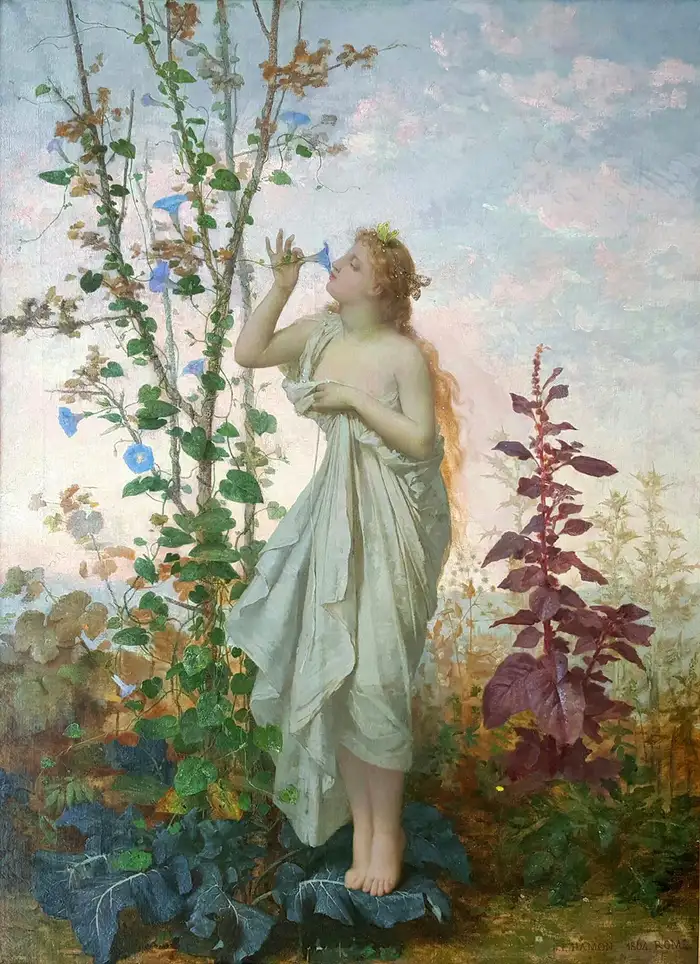 The artwork, crafted by Jean Louis Hamon, depicts the mythological figure of Aurora, the revered Goddess of Dawn. In this painting, Aurora is elegantly adorned in a flowing toga, standing atop a large leaf while indulging in the sweet fragrance of a blooming flower.