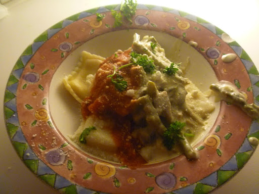 You just have to give this a try - cheese ravioli with a creamy dreamy Alfredo Sauce along with a sampling of Marinara Sauce as well. 