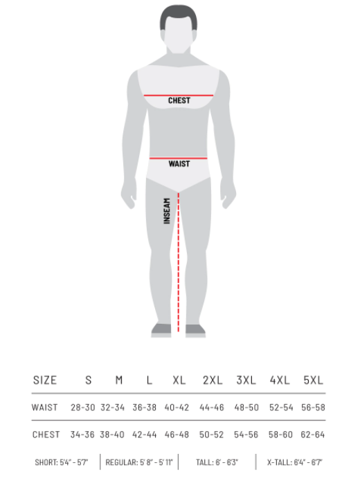 Diagram showing the measurements to take for sizing men's overalls, with a list of sizes to choose from.