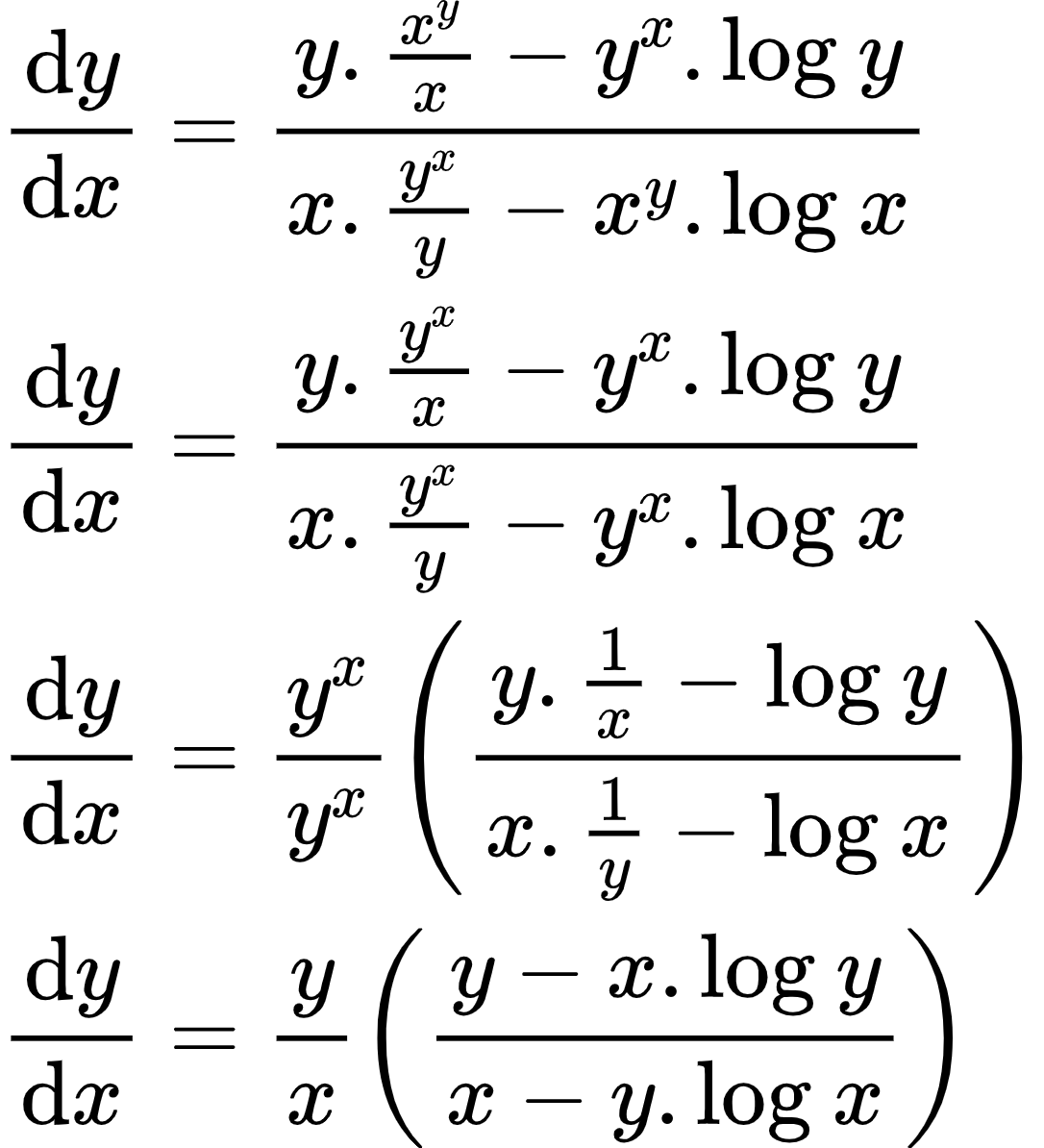 {"code":"\\begin{align*}\n{\\diff{y}{x}}&={\\frac{y.\\frac{x^{y}}{x}-y^{x}.\\log_{}y}{x.\\frac{y^{x}}{y}-x^{y}.\\log_{}x}}\\\\\n{\\diff{y}{x}}&={\\frac{y.\\frac{y^{x}}{x}-y^{x}.\\log_{}y}{x.\\frac{y^{x}}{y}-y^{x}.\\log_{}x}}\\\\\n{\\diff{y}{x}}&={\\frac{y^{x}}{y^{x}}\\left(\\frac{y.\\frac{1}{x}-\\log_{}y}{x.\\frac{1}{y}-\\log_{}x}\\right)}\\\\\n{\\diff{y}{x}}&={\\frac{y}{x}\\left(\\frac{y-x.\\log_{}y}{x-y.\\log_{}x}\\right)}\t\n\\end{align*}","id":"44-1-0-1","type":"align*","font":{"family":"Arial","size":10,"color":"#000000"},"ts":1598536387498,"cs":"hXOI4E04LNRxb8t9lTMWpw==","size":{"width":180,"height":198}}