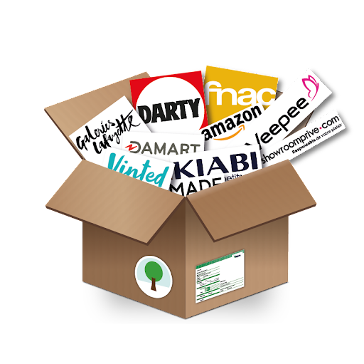 Ein illustriertes Paket zeigt die Logos diverser deutsscher Onlineshops: Kiabi, Vinted, Veepee, fnac, dart, damart, galerias lafayette, made, amazon, 