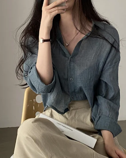 Trendy Shirt Blouse Simple Thin Pure Color Anti-UV Shirt ... - 2