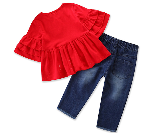 Title 6, Girls Suit Trendy Trumpet Sleeve Top Embroider...