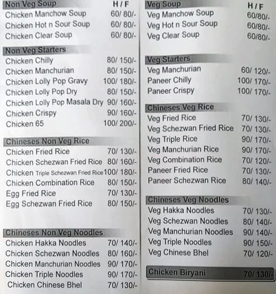 Vidhi Chinese & Fast Food menu 