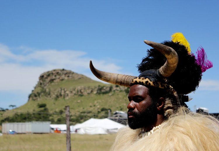 Prince Bhekinkosi Mthethwa from Mthethwa Kingdom at eMpangeni where King Shaka was brought up, passing by the mountain of Isandlwana before the start of the event.