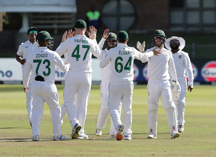 The Proteas celebrate the dismissal of Mushfiqur Rahim of Bangladesh on day 4 of the second Test match at St George's Park in Gqeberha on April 11 2022.