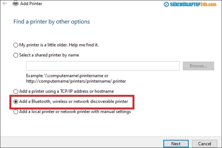 Chọn Add a Bluetooth, wireless or network discoverable printer