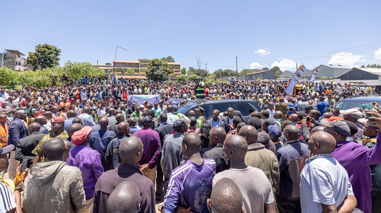 President William Ruto addressing a crowd after he launched development projects in Kericho County on March 14, 2024.