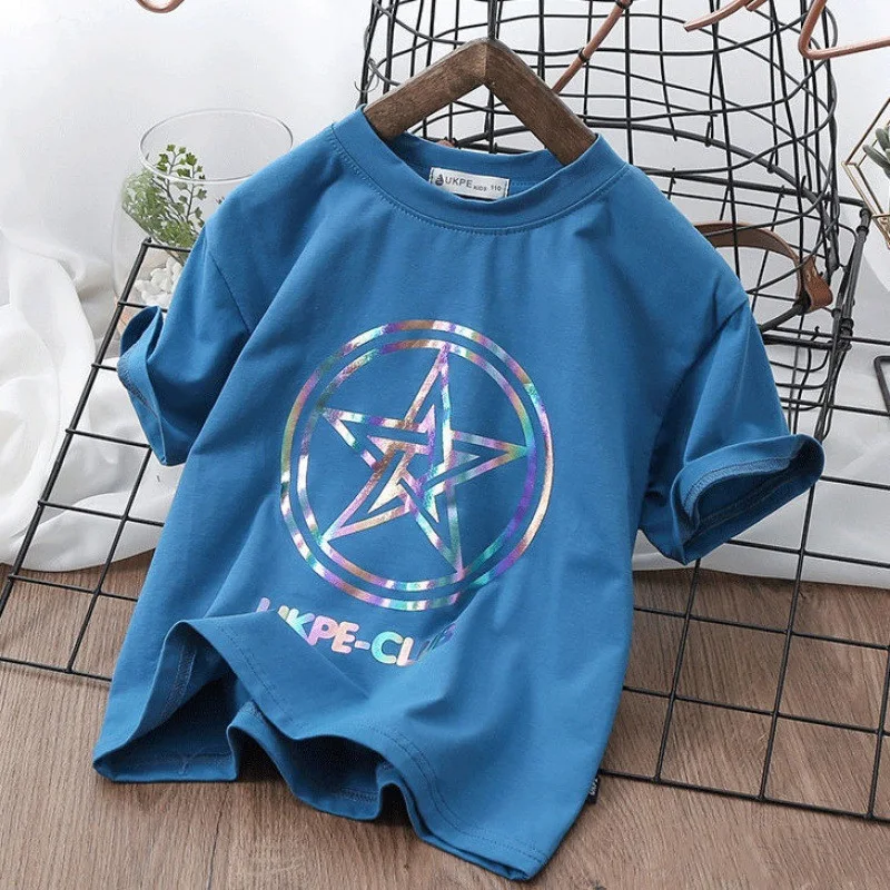 Jongens T-shirt met korte mouwen Net Red Laser Reflective Cub, kindermode top, ademend en trendy.