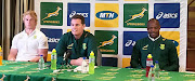 Coach Rassie Erasmus of the Springboks, Chilliboy Relepelle and Pieter-Steph du Toit of the Springboks during the Springboks team announcement media conference at Livorno Room, Tsogo Sun Montecasino in Johannesburg.
