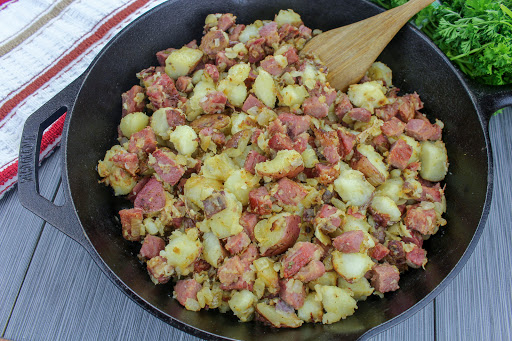 Corned Beef Hash in a cast iron skillet.