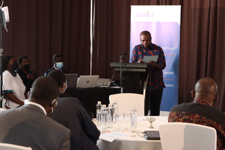 ICT Principal Secretary Jerome Ochieng during the launch of an e-learning platform by African Centre for Women Information and Communication Technology on Friday, November 27, 2021