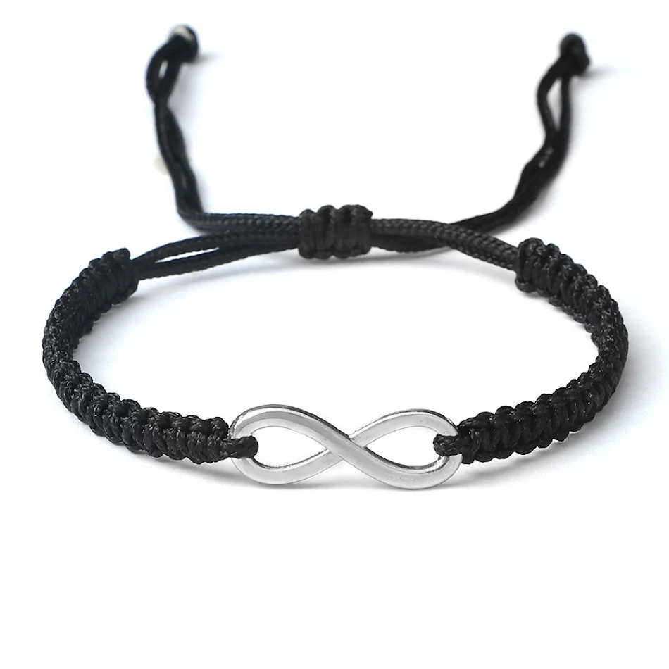 Handgemaakte, geweven armband met dubbellaagse achtvormige hanger en verstelbare handlus, unieke sieraden.