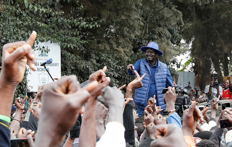 Kenya's opposition leader and presidential candidate Raila Odinga addresses his supporters after casting his vote at Kibera Primary School, in Nairobi, Kenya, August 9 2022. Picture: MONICAH MWANGI/REUTERS