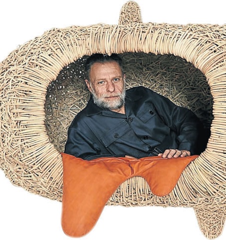 Porky Hefer in one of his creations: a wall-mounted sleeping pod called the Mud & Dauber Nest.