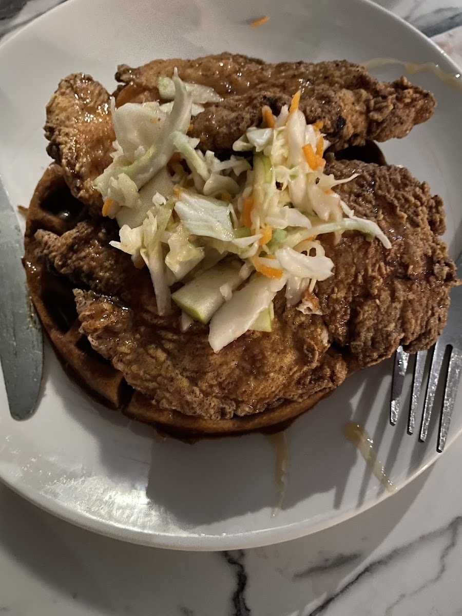 GF waffle Fried Boneless Chicken Apple Slaw