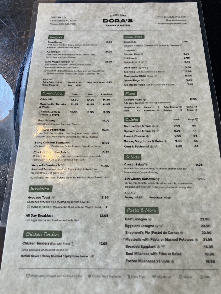 Dora's Bakery and Bistro gluten-free menu