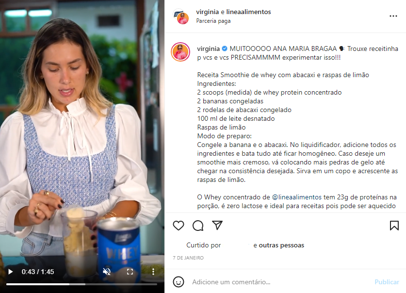 Post colaborativo entre a influenciadora Virgínia e a marca Linea Alimentos.