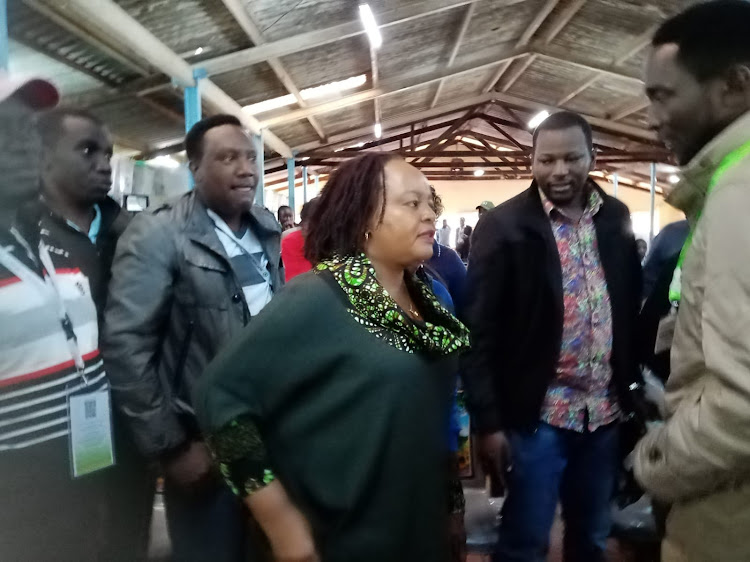 Kirinyaga governor Ann Waiguru and her supporters at Gichugu tallying centre.