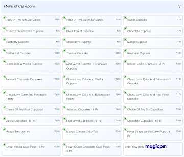 CakeZone menu 