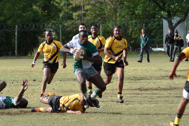 TRYING HARD: Brandwag captain Keano Botha scored a hat-trick of tries against Humansdorp Secondary in Kariega on Saturday. The Brandwag players in the background are Liyema Mtotoyi (on the ground) and Hanré Coetzee. The Humansdorp players are Jermaine Munnik (on the ground) and, from left, Pedro Vena, Juvandre Kriga and Renier Munnik