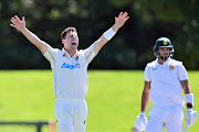 Matt Henry of New Zealand unsuccessfully appeals for the wicket of Proteas' Aiden Markram during day one of the First Test Match in the series between New Zealand and South Africa at Hagley Oval on February 17, 2022 in Christchurch, New Zealand. 