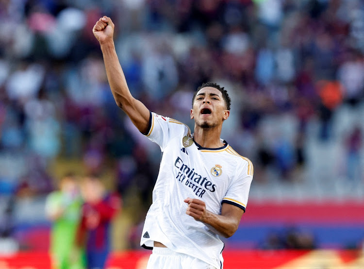 Real Madrid's Jude Bellingham celebrates after the match against Barcelona..